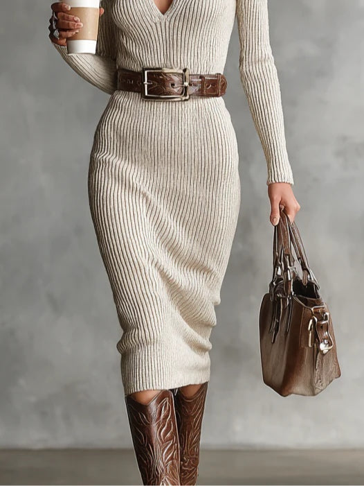 Slim Fit Half Turtleneck V-Neck Long Sleeve Knitted Belted Midi-Length Dress