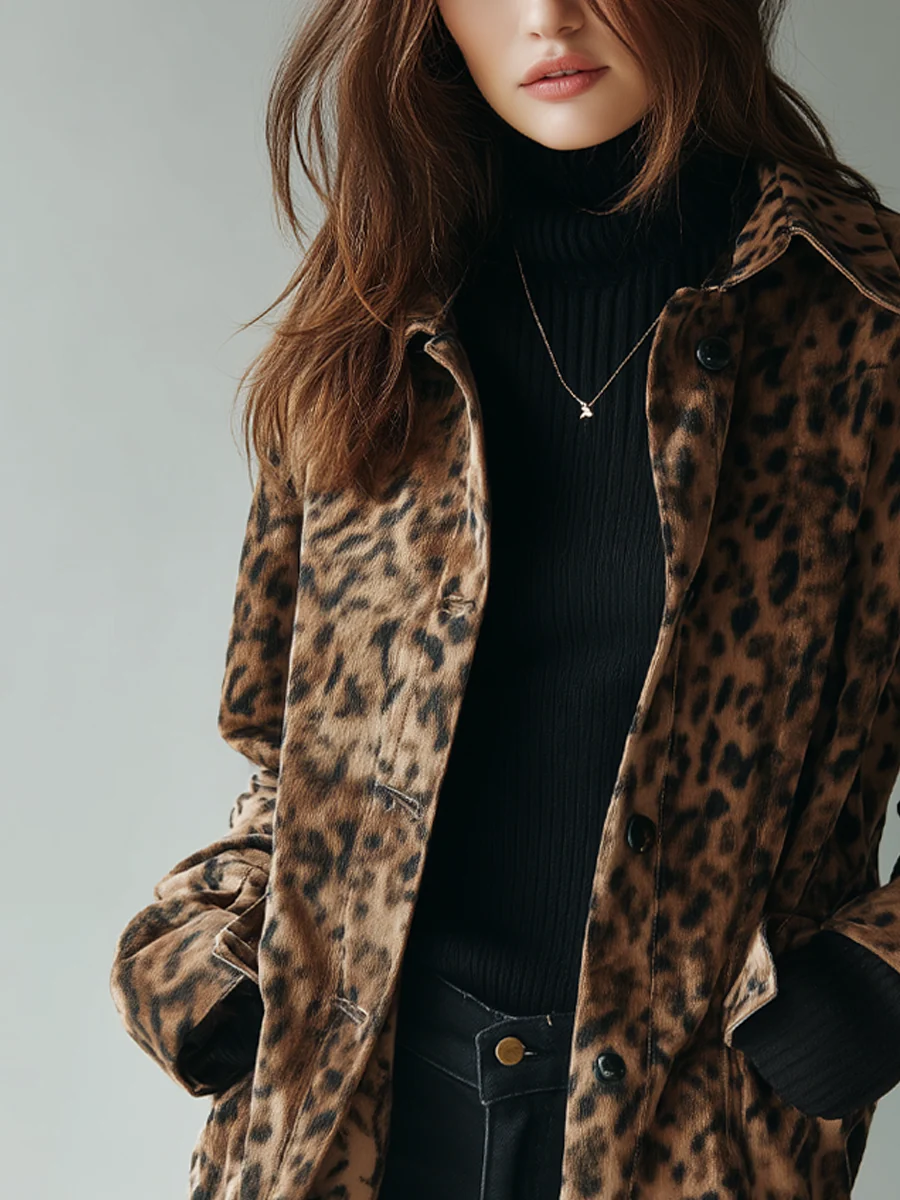 Retro Brown Leopard Print Eco-Suede Jacket