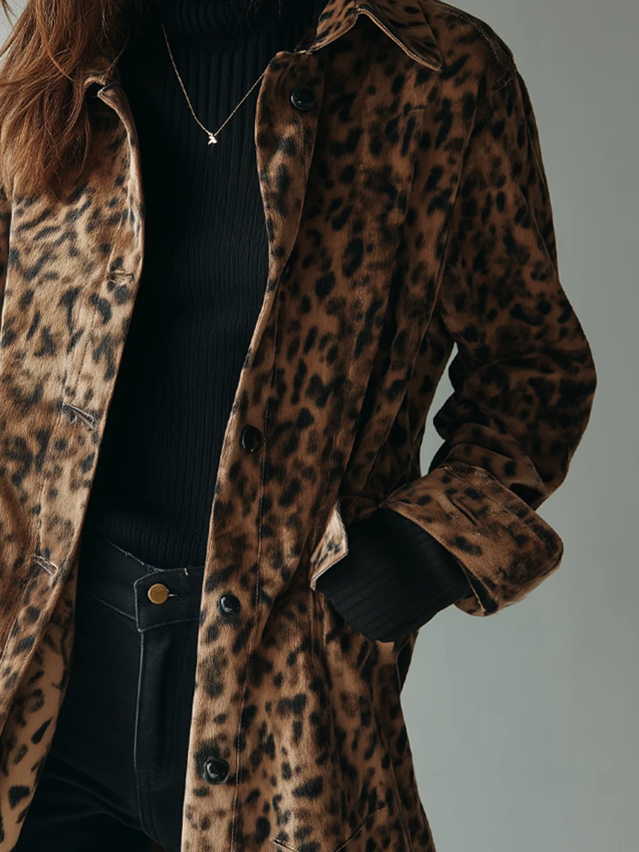 Retro Brown Leopard Print Eco-Suede Jacket
