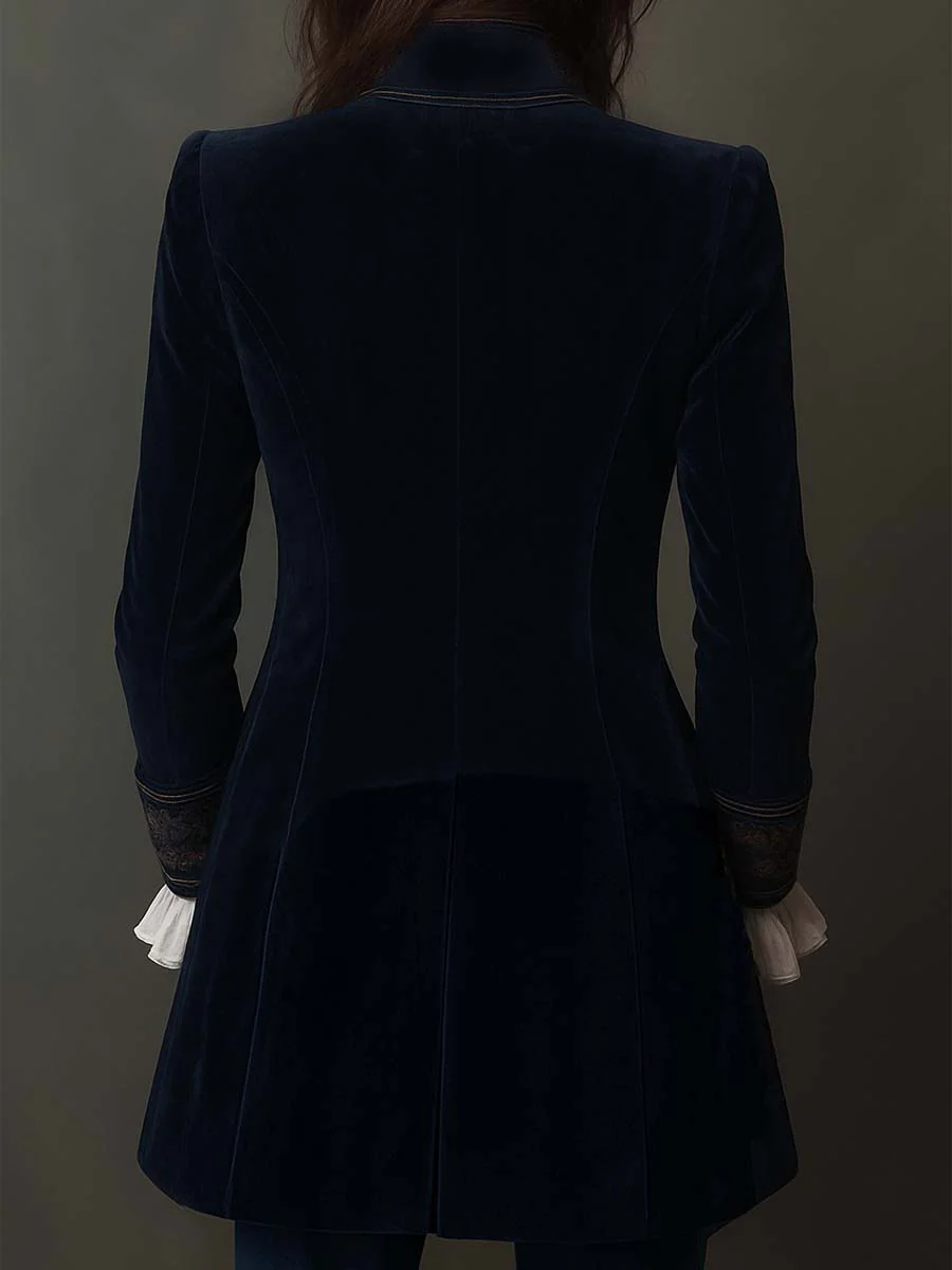 Retro Navy Polyester Velvet Embroidered Long Jacket