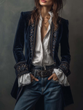 Retro Navy Polyester Velvet Embroidered Long Jacket