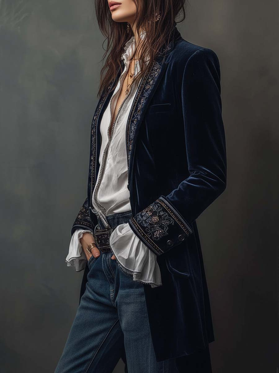 Retro Navy Polyester Velvet Embroidered Long Jacket