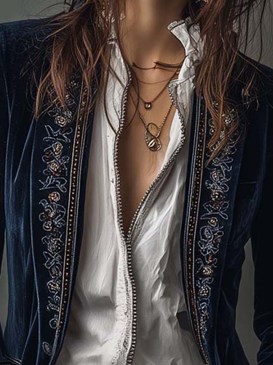 Retro Navy Polyester Velvet Embroidered Long Jacket