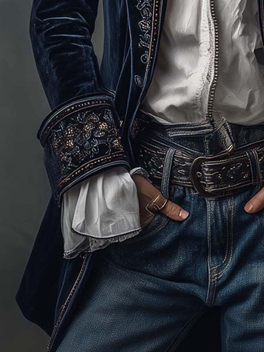 Retro Navy Polyester Velvet Embroidered Long Jacket