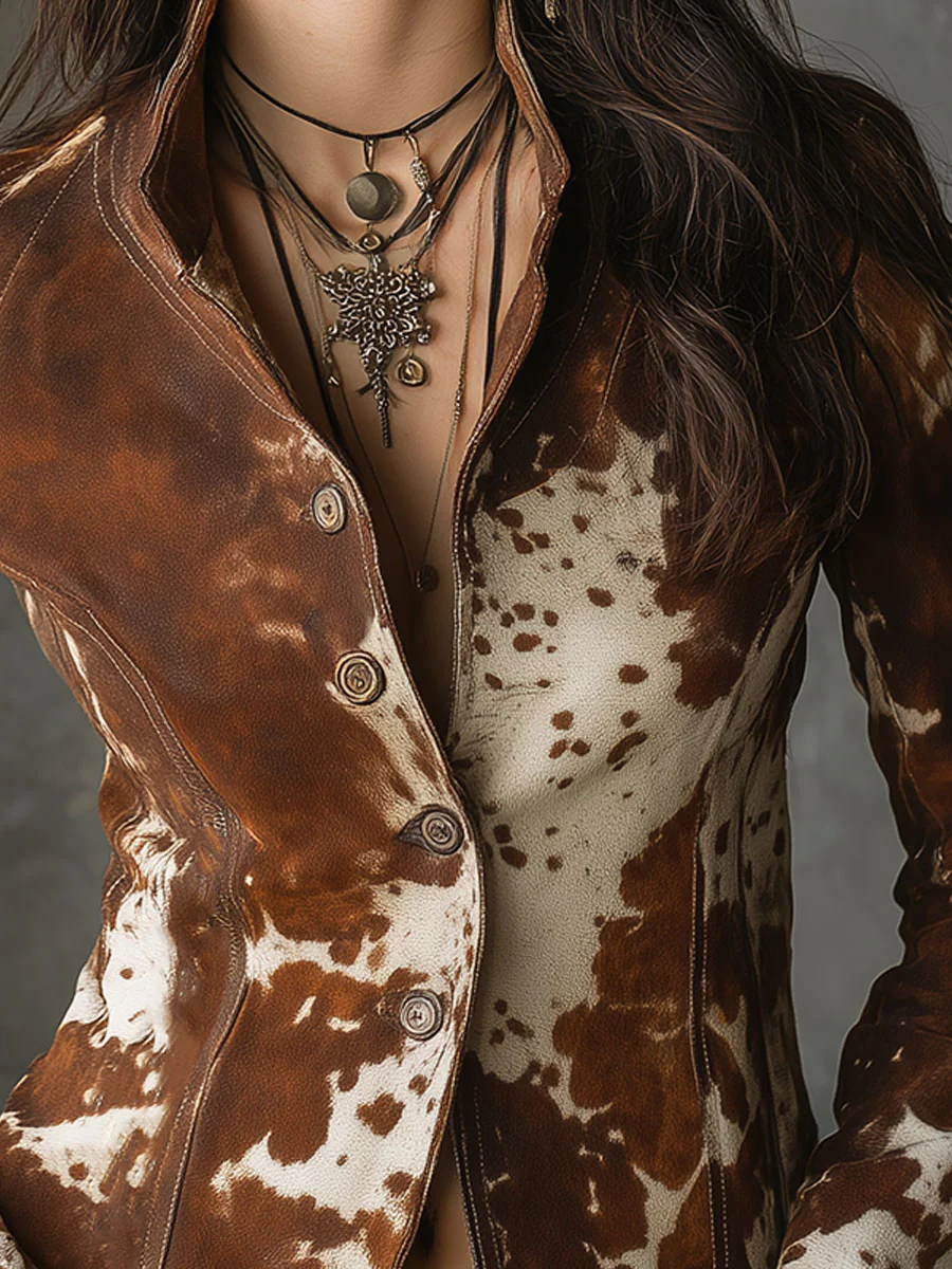 Retro Stand-up Collar Cow Print Slim-fit Jacket