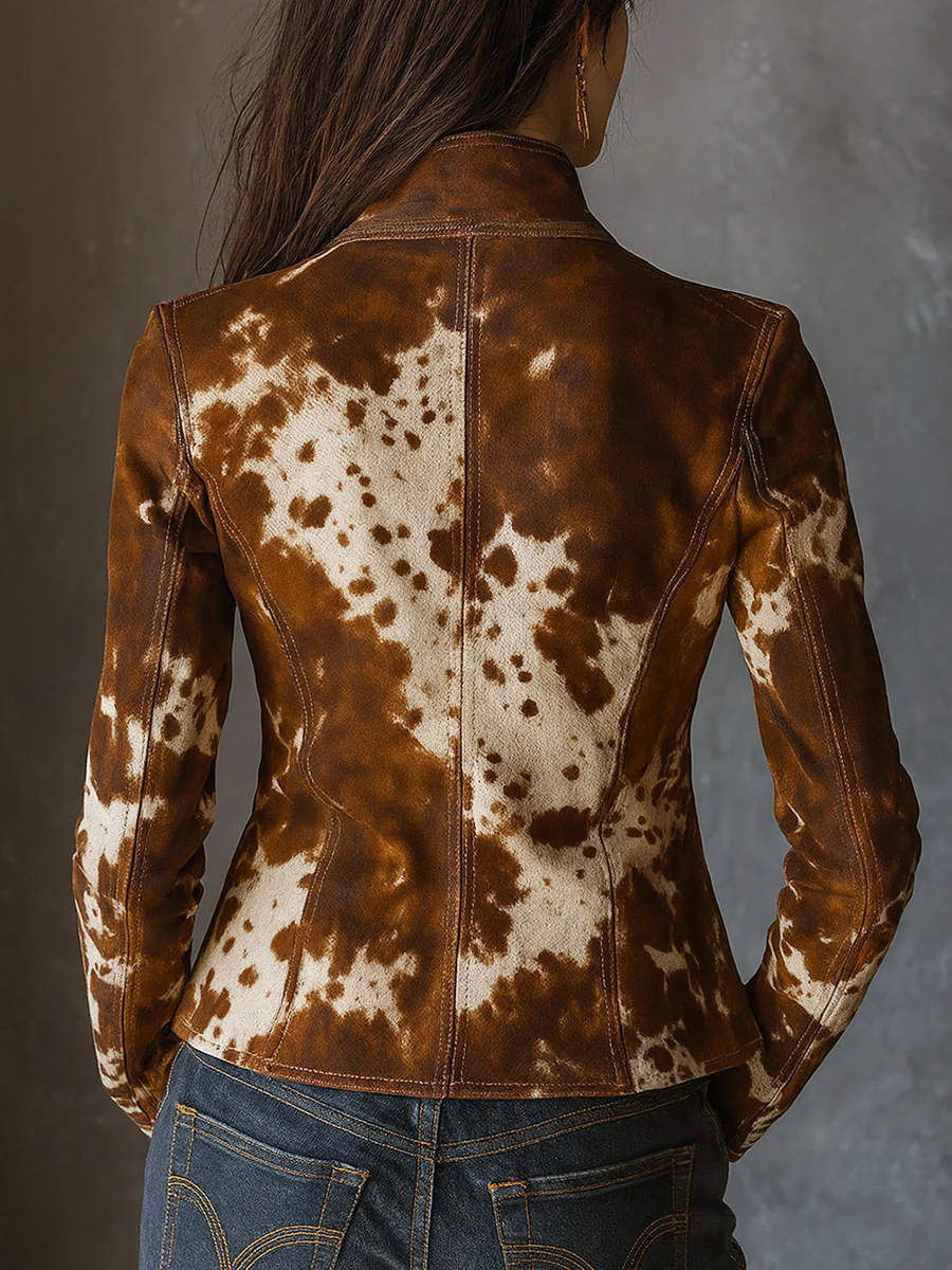 Retro Stand-up Collar Cow Print Slim-fit Jacket