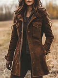 Retro Suede Lapel Collar Mid-Length Coat Jacket