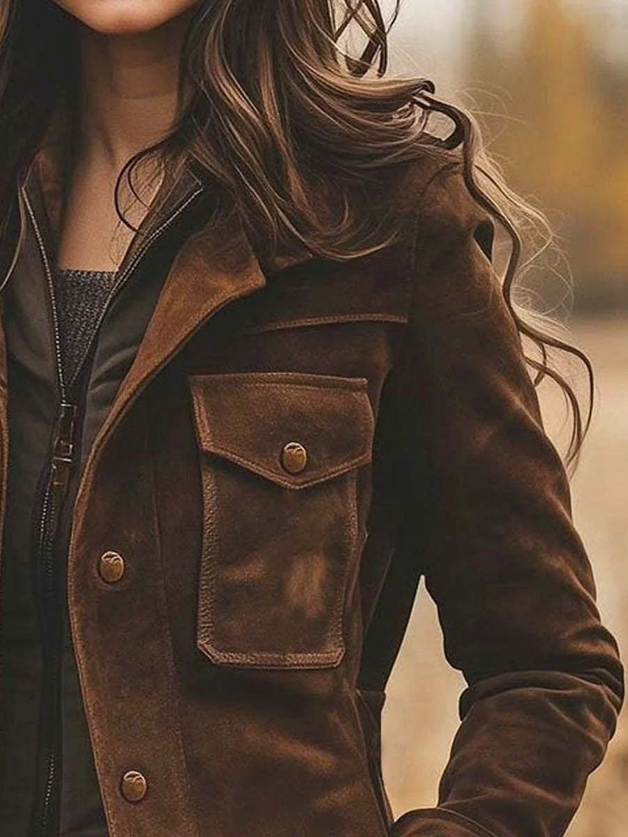 Retro Suede Lapel Collar Mid-Length Coat Jacket