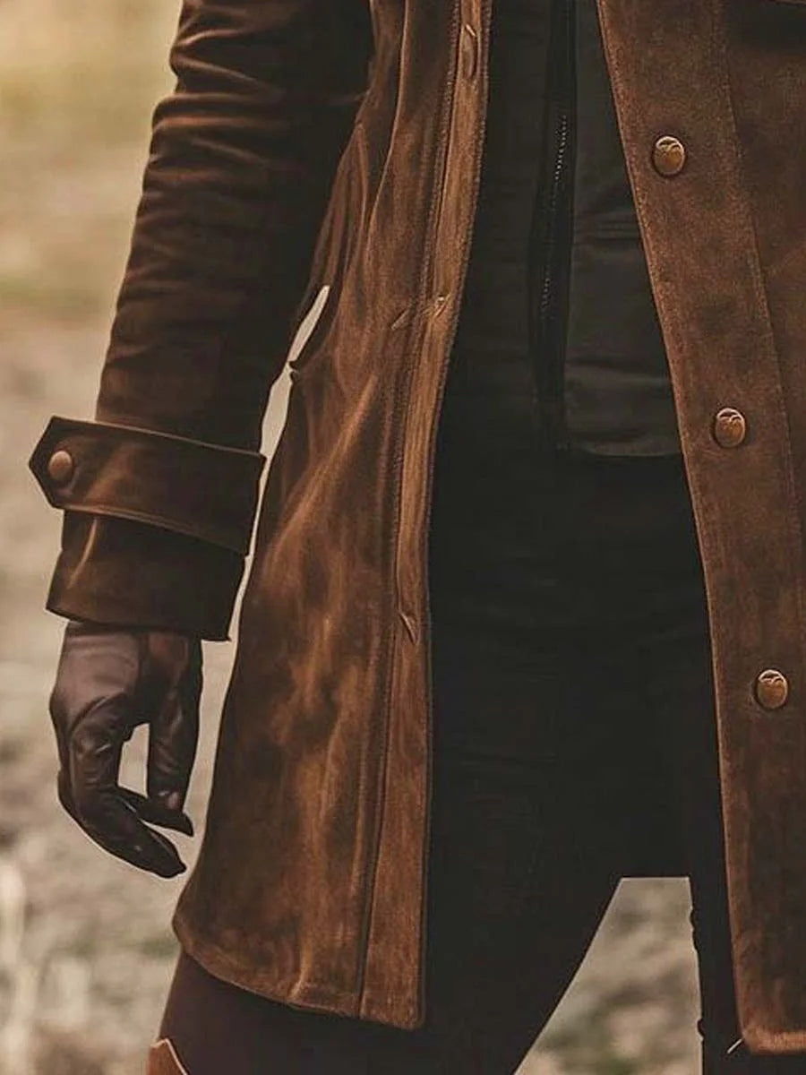 Retro Suede Lapel Collar Mid-Length Coat Jacket