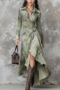Retro Sage Green Tie-Dye Pocket Slim Suede Maxi-Length Dress