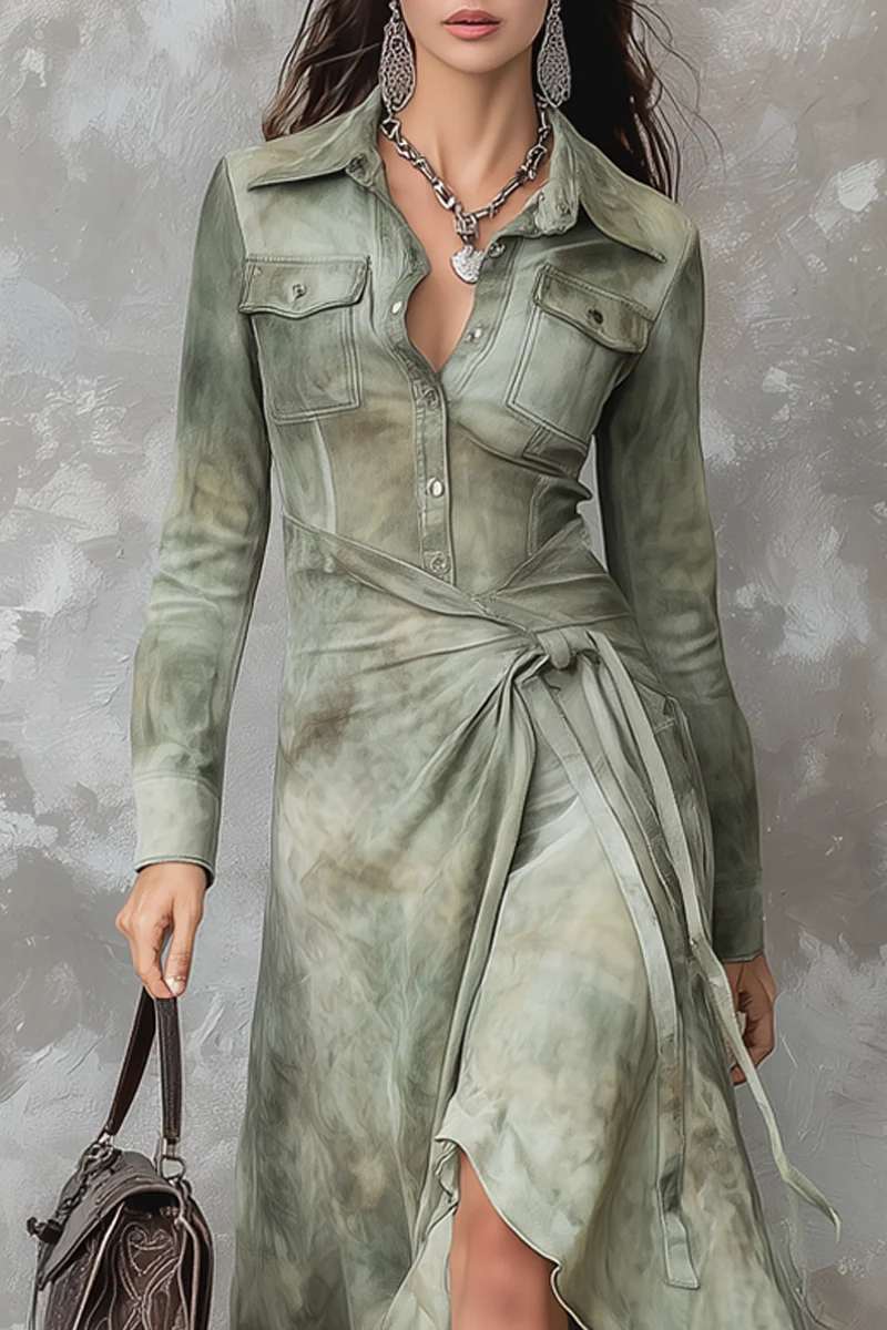 Retro Sage Green Tie-Dye Pocket Slim Suede Maxi-Length Dress