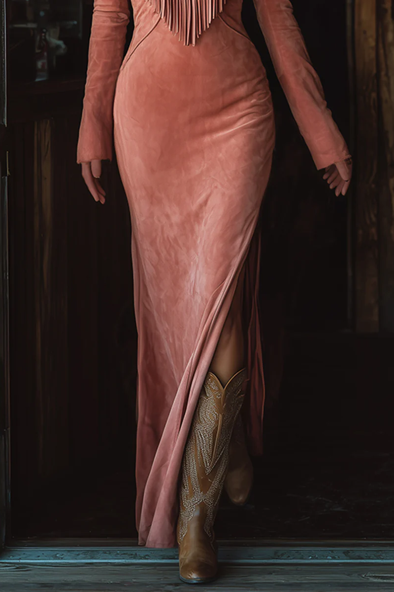 Retro Western Tassel Embroidered Pink Faux Suede Maxi-Length Dress