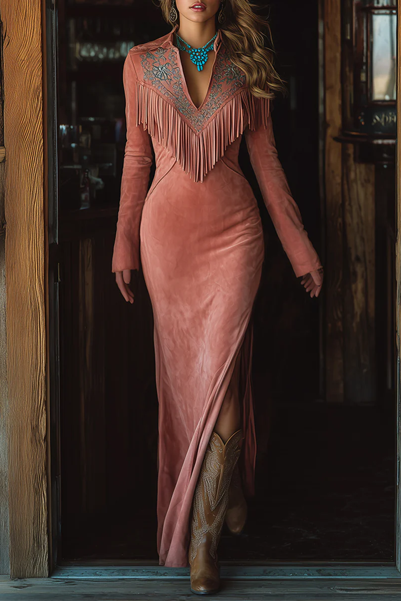 Retro Western Tassel Embroidered Pink Faux Suede Maxi-Length Dress