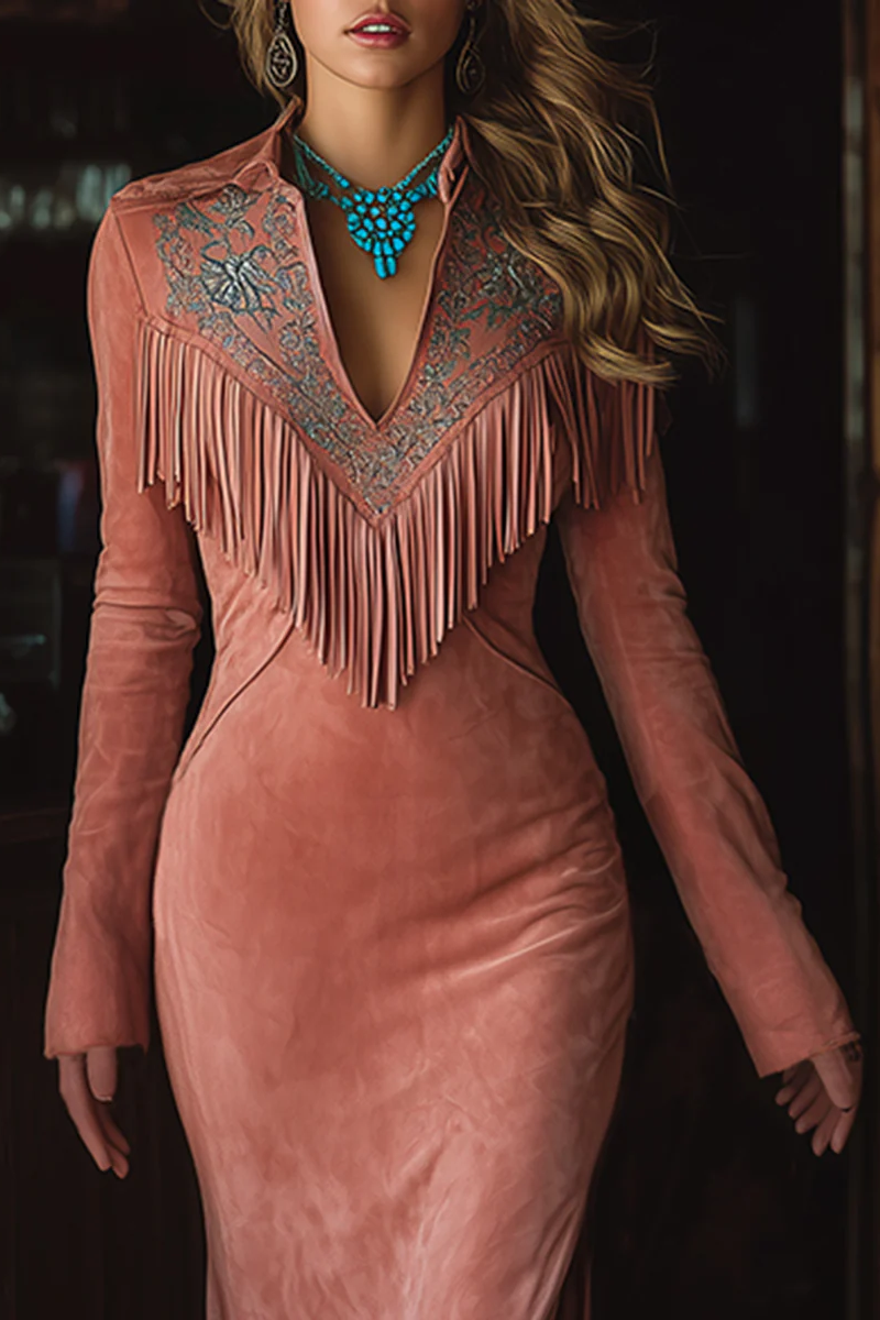 Retro Western Tassel Embroidered Pink Faux Suede Maxi-Length Dress