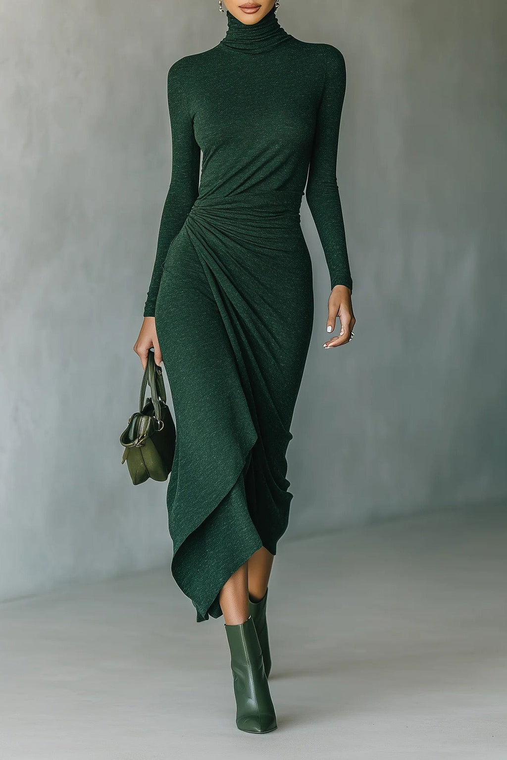 Dark Green Turtleneck Pleated Irregular Wrap Midi-Length Dress