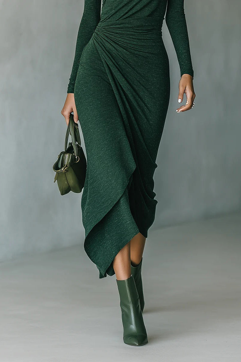 Dark Green Turtleneck Pleated Irregular Wrap Midi-Length Dress