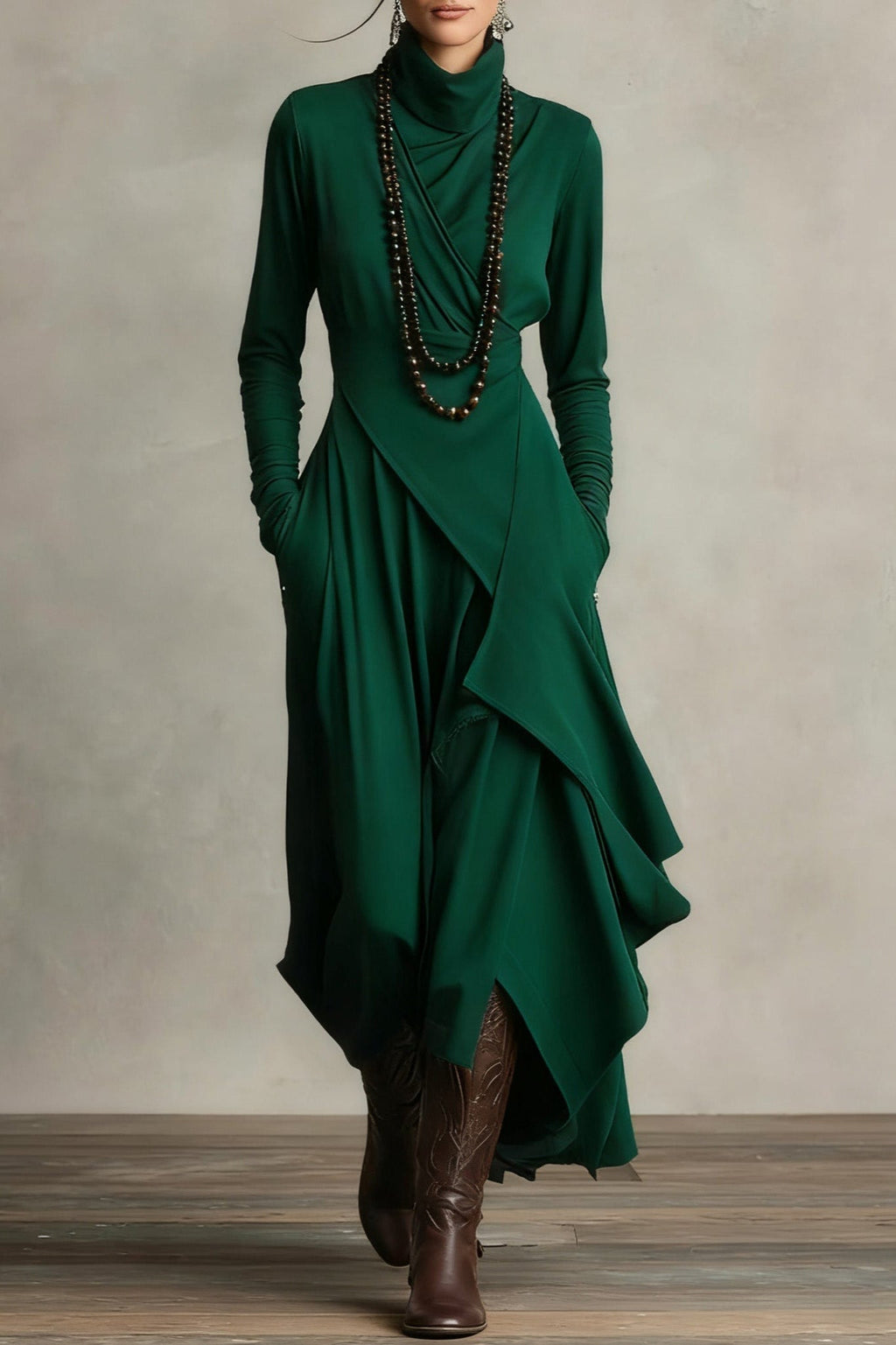Purple High-neck Asymmetrical Pleated Maxi-Length Dress