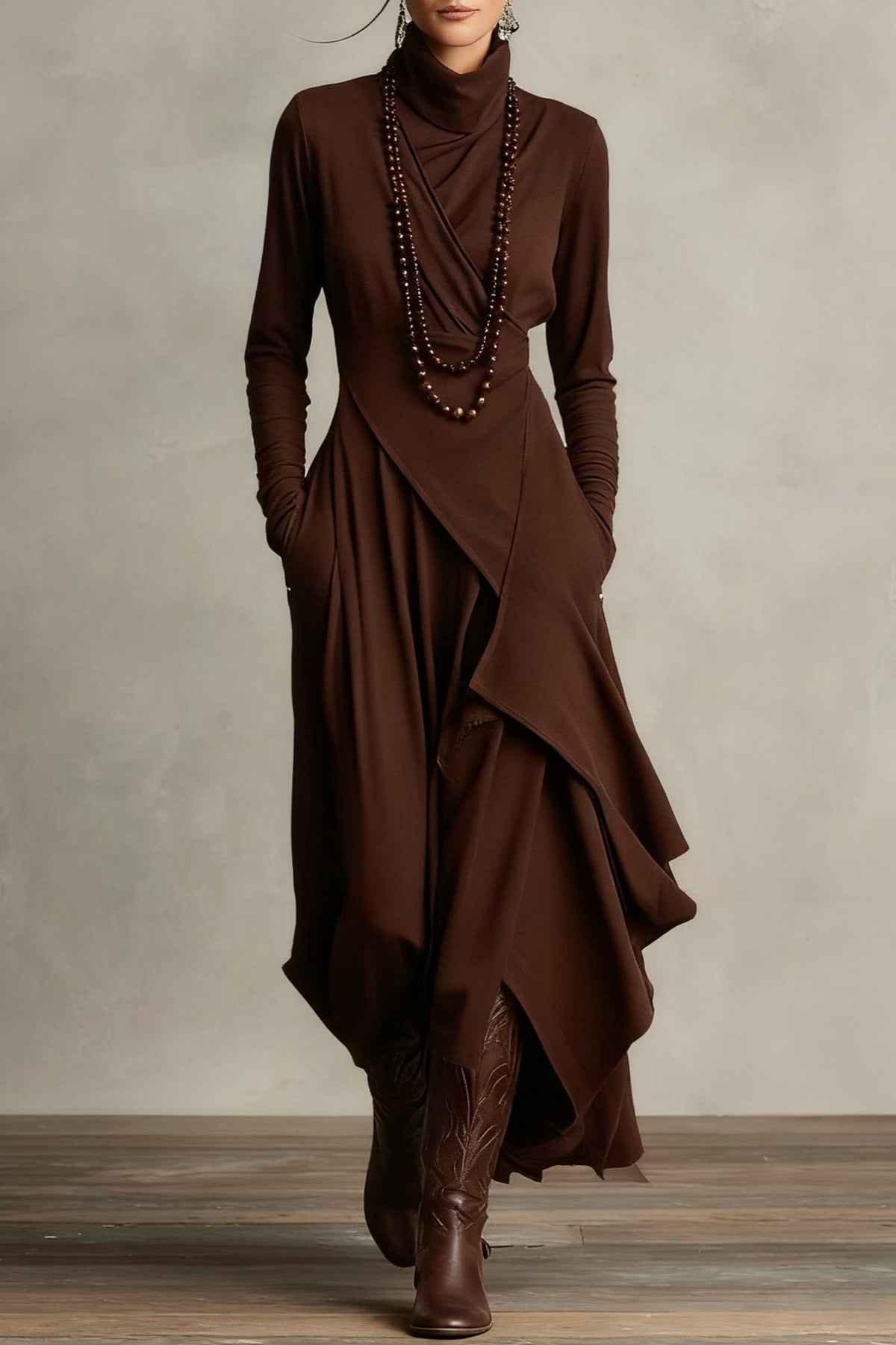Purple High-neck Asymmetrical Pleated Maxi-Length Dress