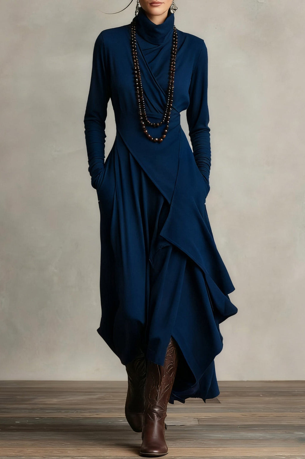 Purple High-neck Asymmetrical Pleated Maxi-Length Dress