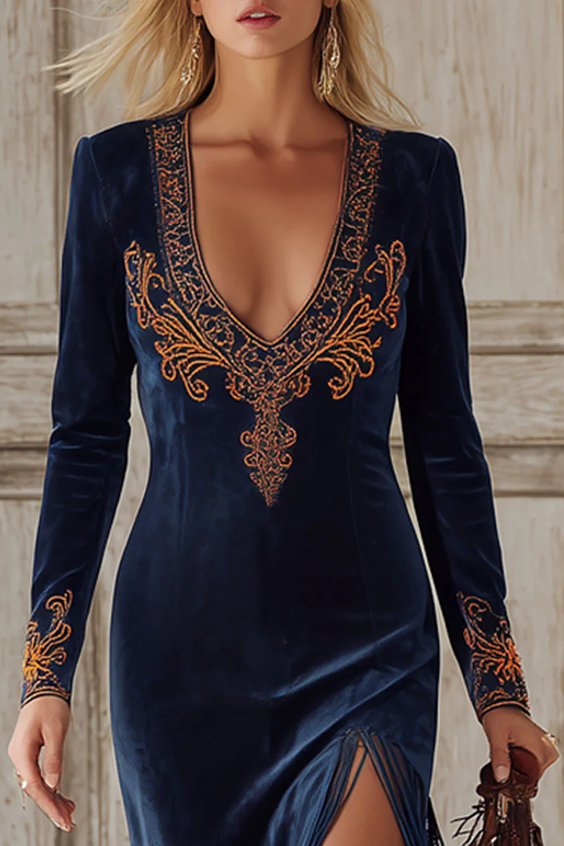 Ethnic Embroidery Navy Blue Faux Suede Slit Tassel Maxi-Length Dress