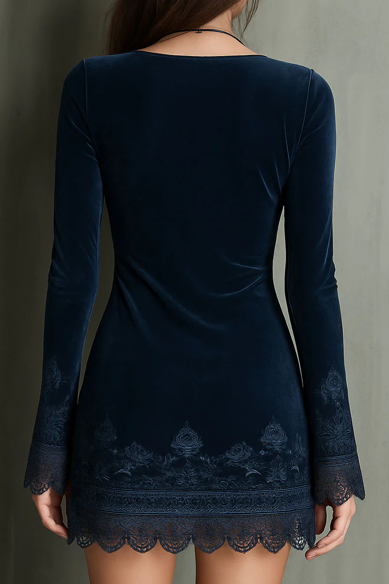 Navy Blue V-Neck Embroidered Bell Sleeve Velvet Lace Trim Mini-Length Dress