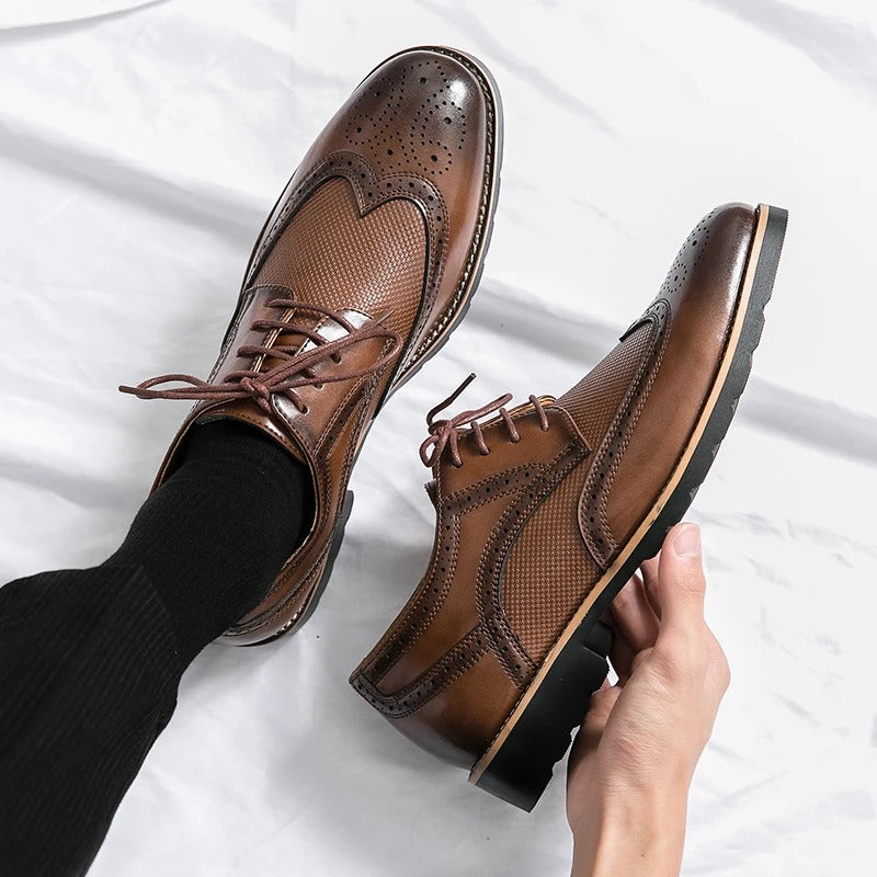 Cowhide Leather Brogue Shoes with Cushioned Insole