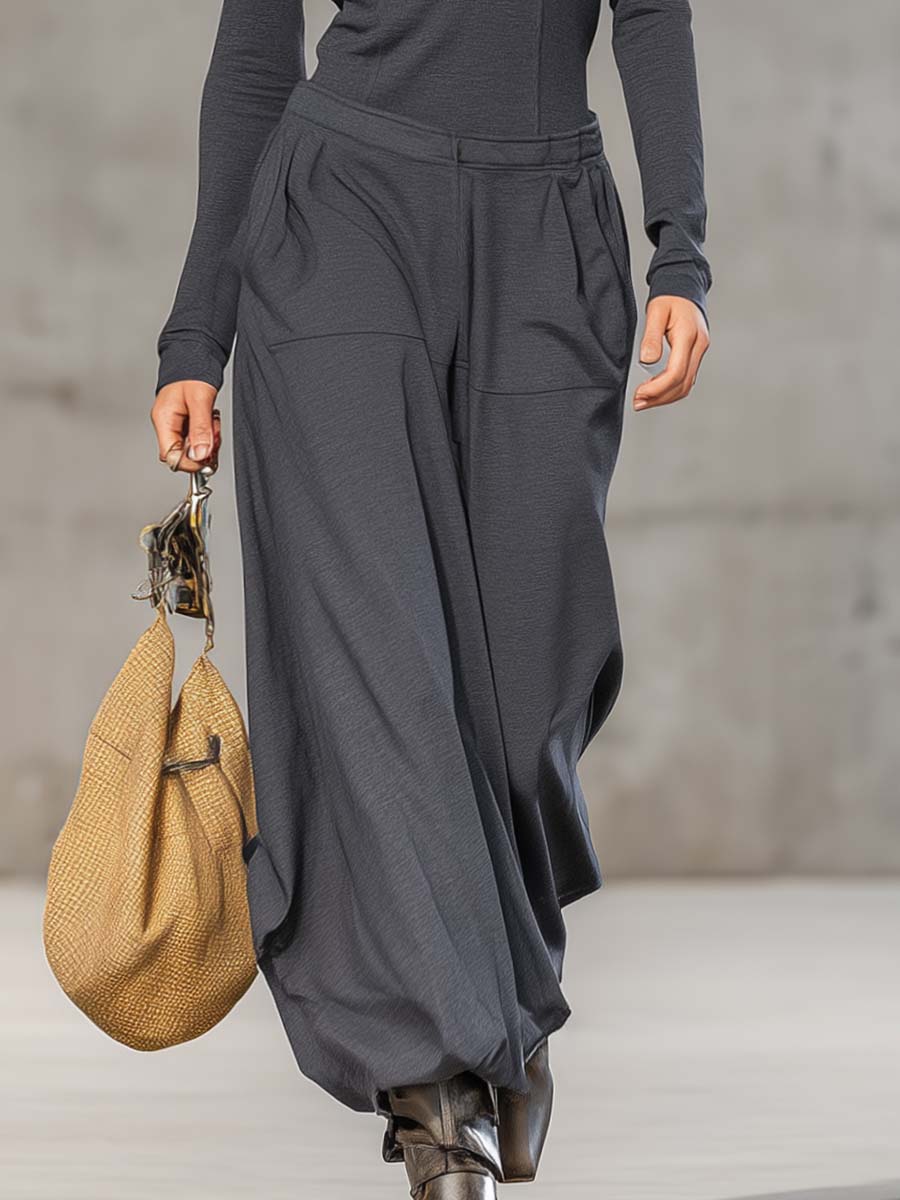 Relaxed Retro Sports Dark Gray Half-high Collar Front Zipper Long-sleeved Top And Wide Trousers Set