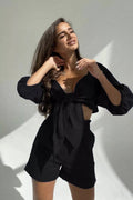 Modern Linen Wrap Front Tie Puff Sleeve Shorts Sets