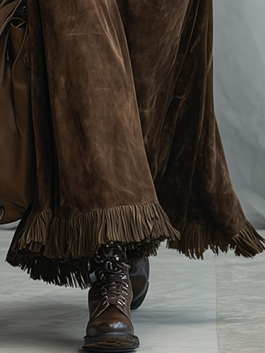 Relaxed Retro Cocoa Brown Faux Suede Tassel Skirt