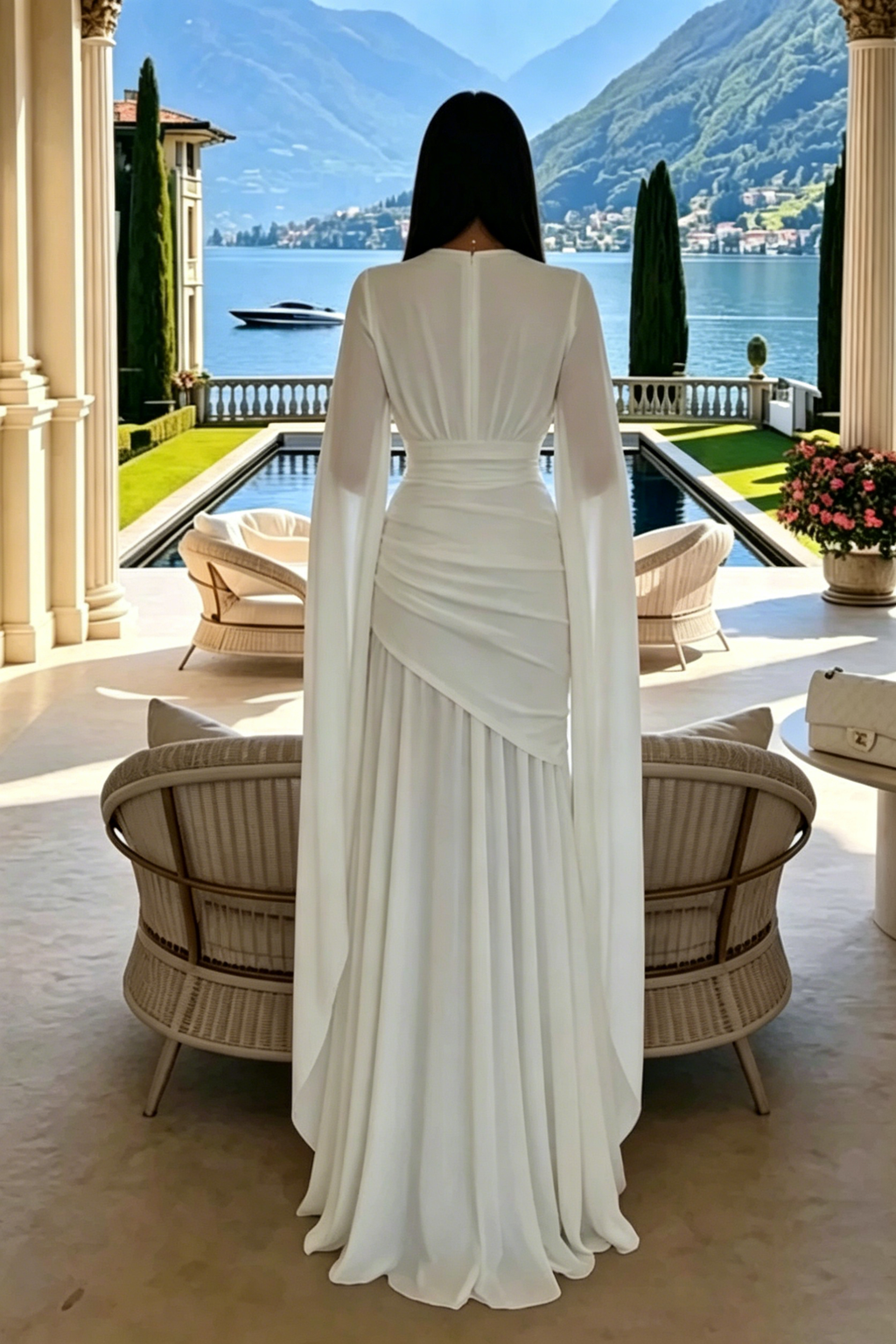 White V-Neck Cape Sleeve Ruched Waist Floor-Length Maxi-Length Dress