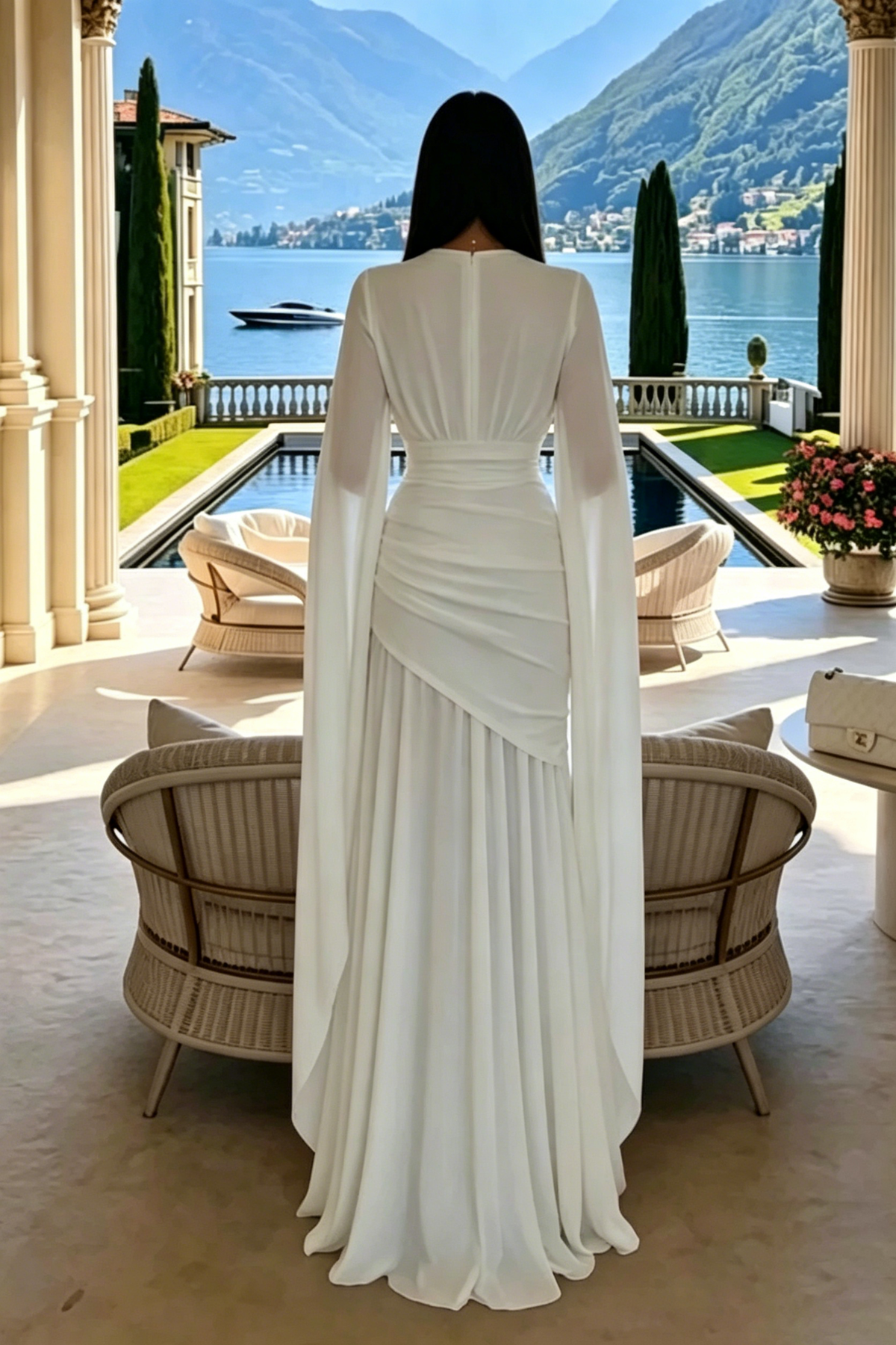 White V-Neck Cape Sleeve Ruched Waist Floor-Length Maxi-Length Dress