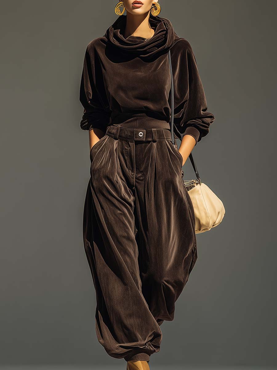 Retro Brown Velvet Hoodie And Loose-Fitting Trousers Set(Includes Belt)