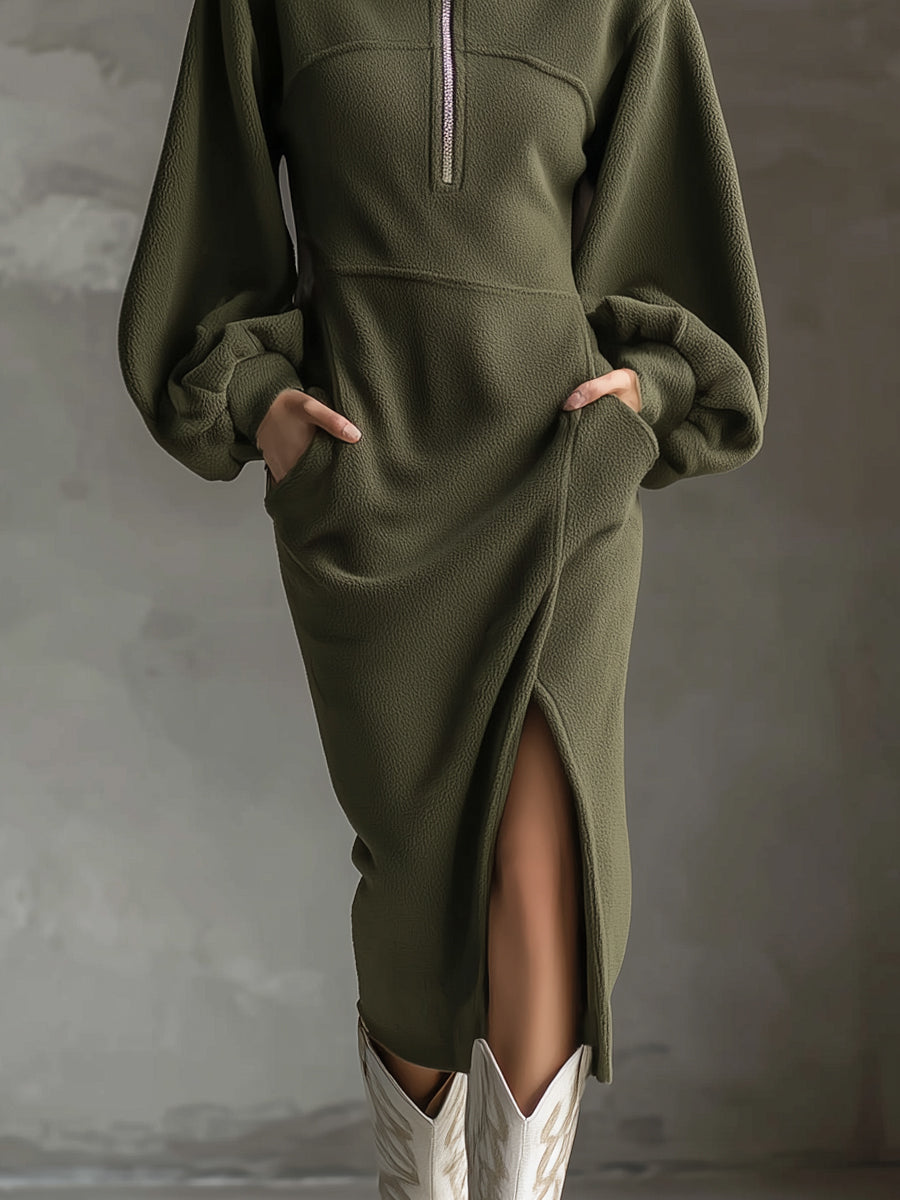 Soft Polar Fleece Lantern Sleeves Front Zipper Side Slit Midi-Length Dress