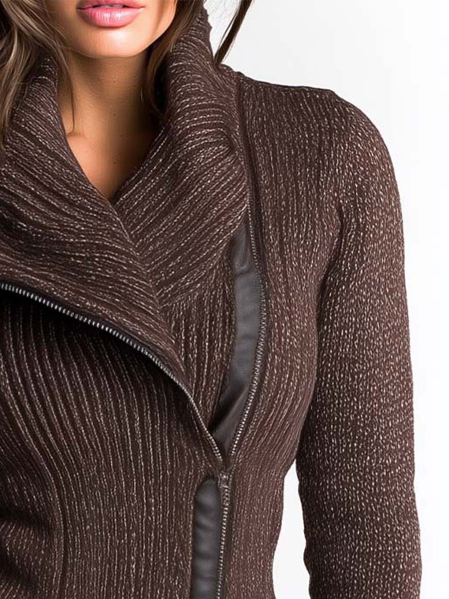 Modern Brown Asymmetrical Zip Ribbed Knit Jacket
