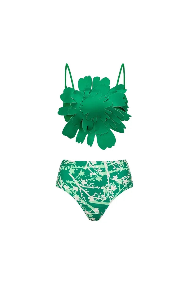 Flower Accent Green Patterned Two-Piece Bikini