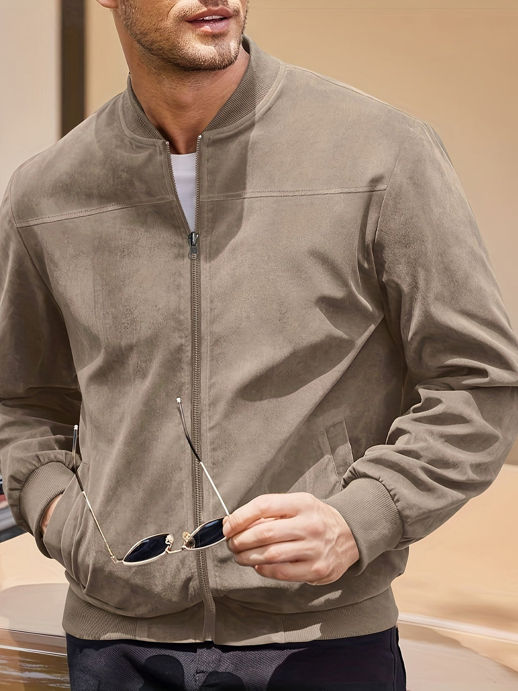 Suede Leather Jacket with Multiple Pockets