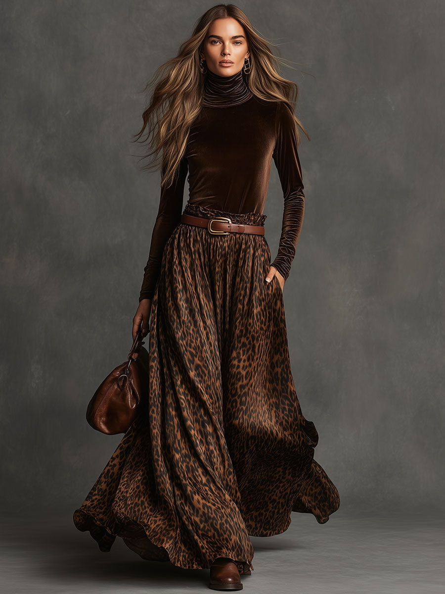 Retro Turtleneck Velvet Top And Leopard Print Skirt Set