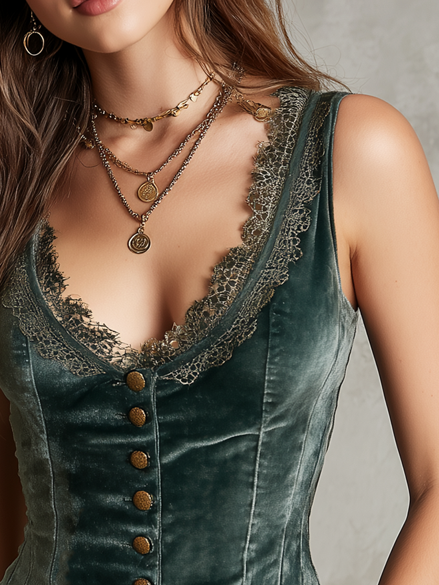 Retro Sleeveless Lace Neck Velvet Vest