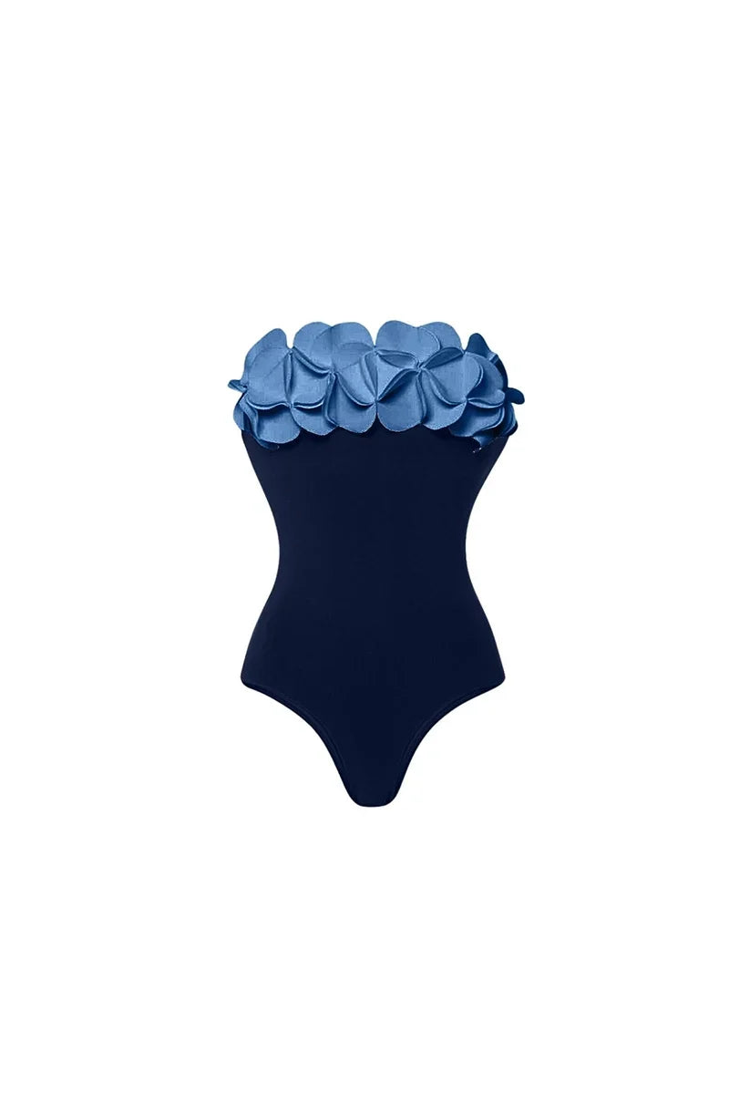 Blue 3D Flower Strapless Swimsuit