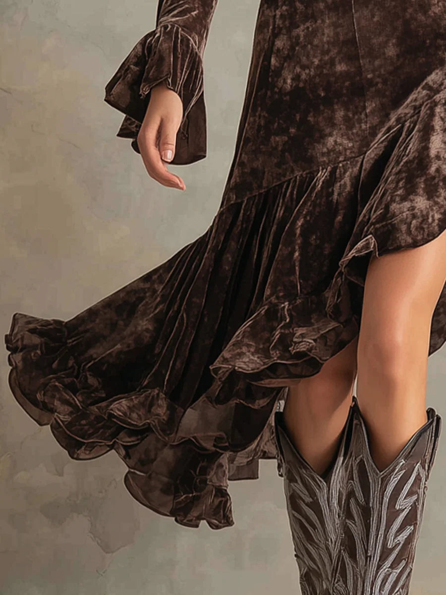 High-neck Long-sleeved Bell Sleeves Velvet Midi-Length Dress
