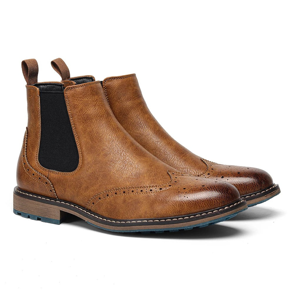 Burnished Leather Brogue Boots with Wingtip Brogue Detail