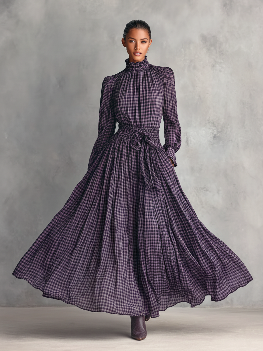 Coordinated Women's Plaid Blended Half-high Collar Long-sleeved Blouse And Long Skirt Set
