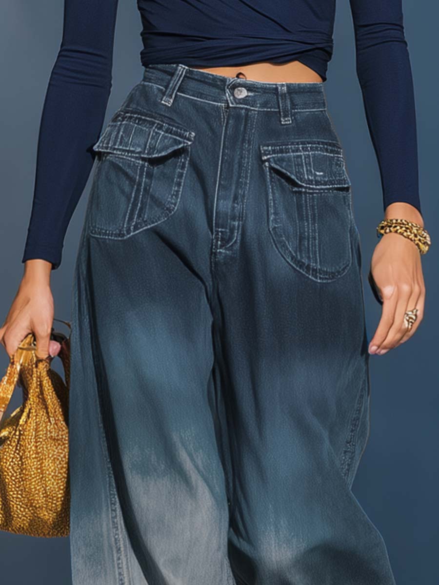 Relaxed Fashion Gradient Washed Denim Blue Gray Loose Trousers