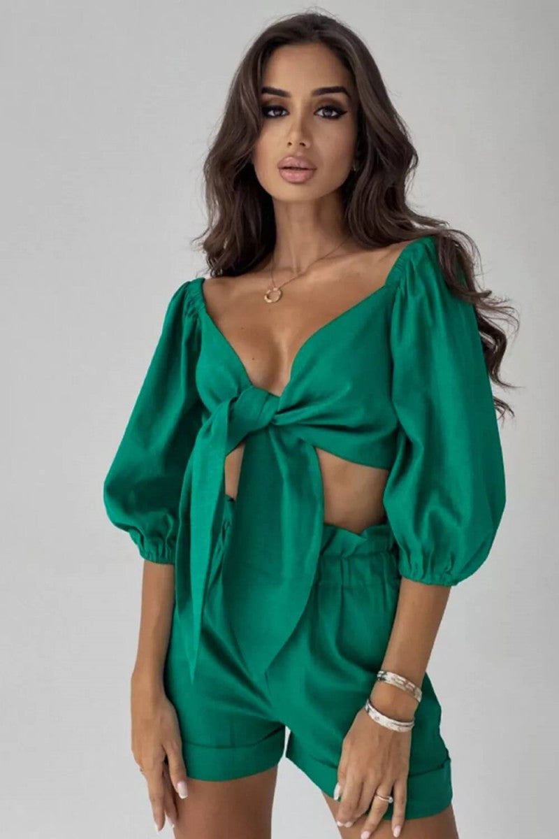 Modern Linen Wrap Front Tie Puff Sleeve Shorts Sets In Green