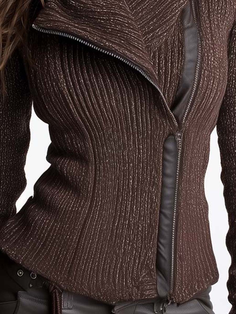 Modern Brown Asymmetrical Zip Ribbed Knit Jacket