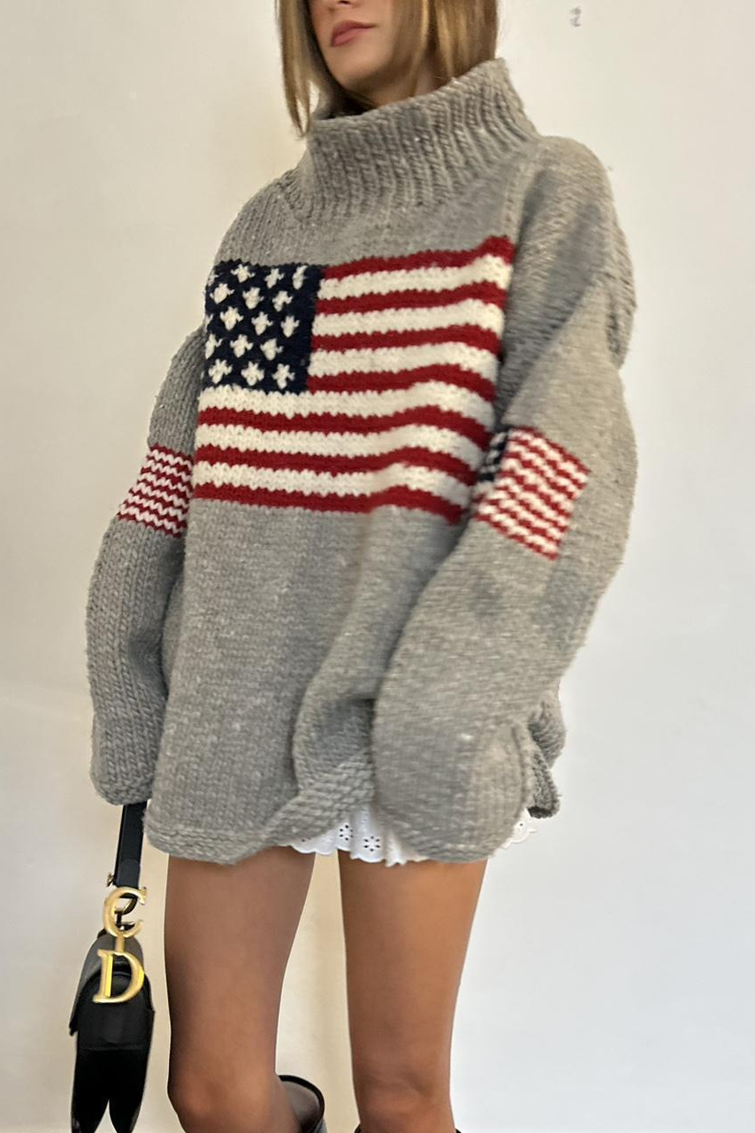 Retro Flag Pattern Oversized Mock Neck Knit Sweater