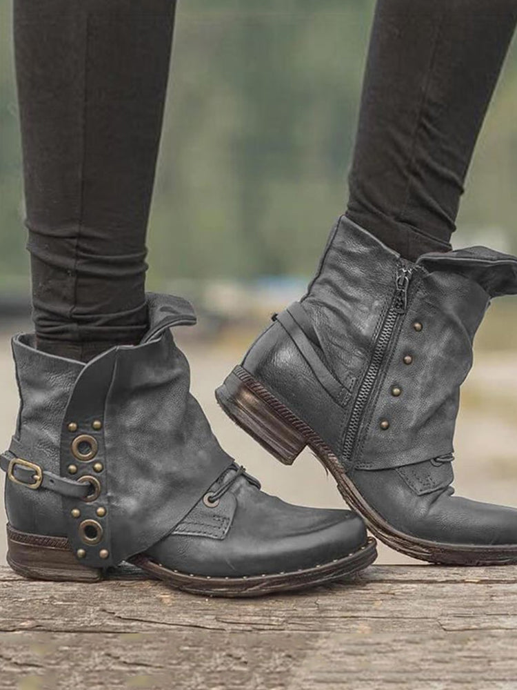 Retro Studded Patch Buckle Ankle Boots