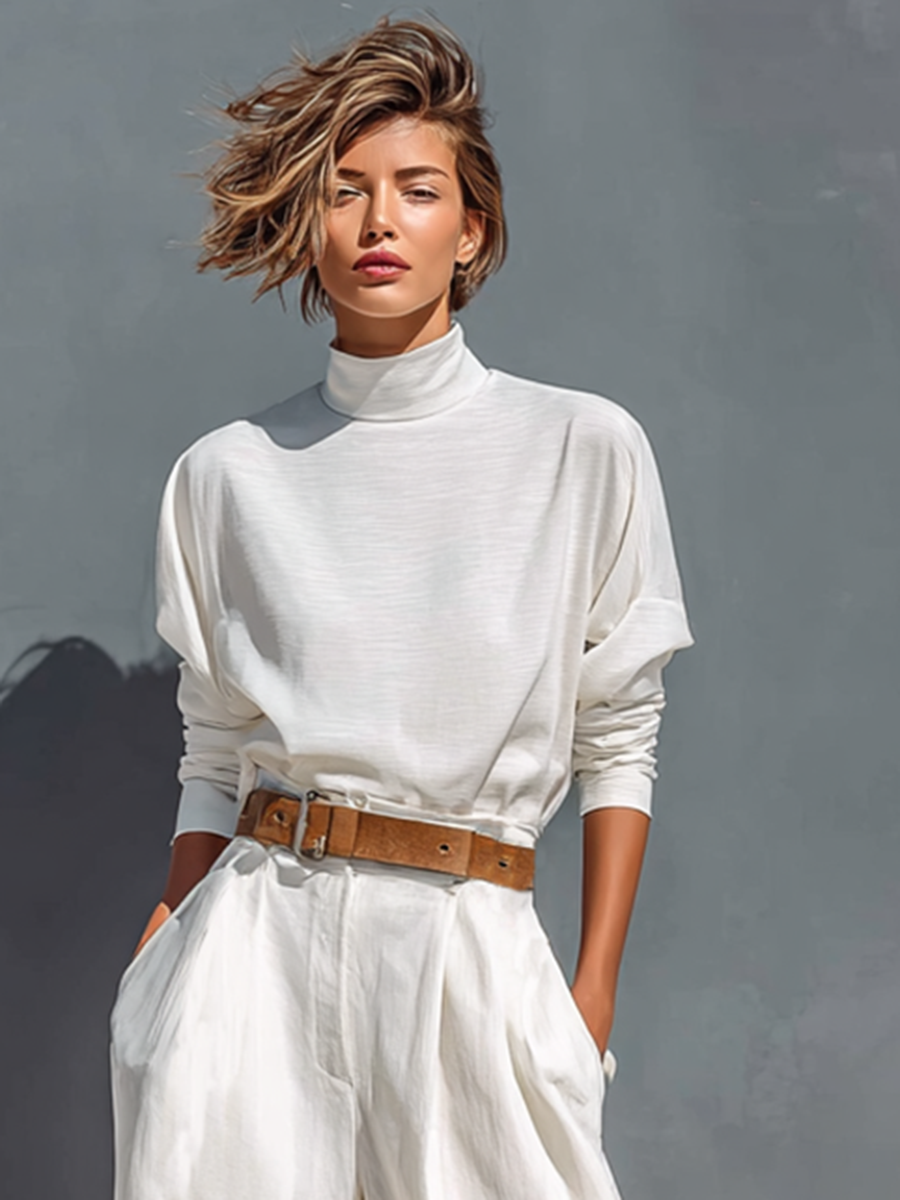 Coordinated All White Half High Neck Long Sleeve Loose T-shirt Wide Legs Two-Piece Set (Belt Not Included)