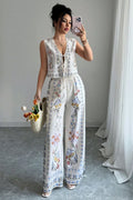 Tie-Up Vest & Wide-Leg Trousers Set - Sky Blue Print