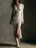 Refined Polyester Suede Midi-Length Dress With Side Slits And Lace Panels